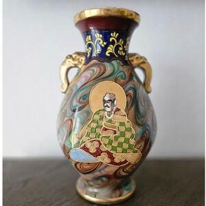 Japanese Satsuma Porcelain Vase Gold Foo Dog‎ Handles Hand Painted Figural VTG